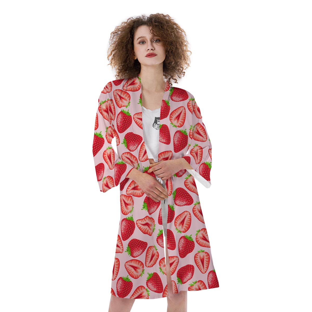 Fruit Strawberry Print Pattern Kimono-grizzshop