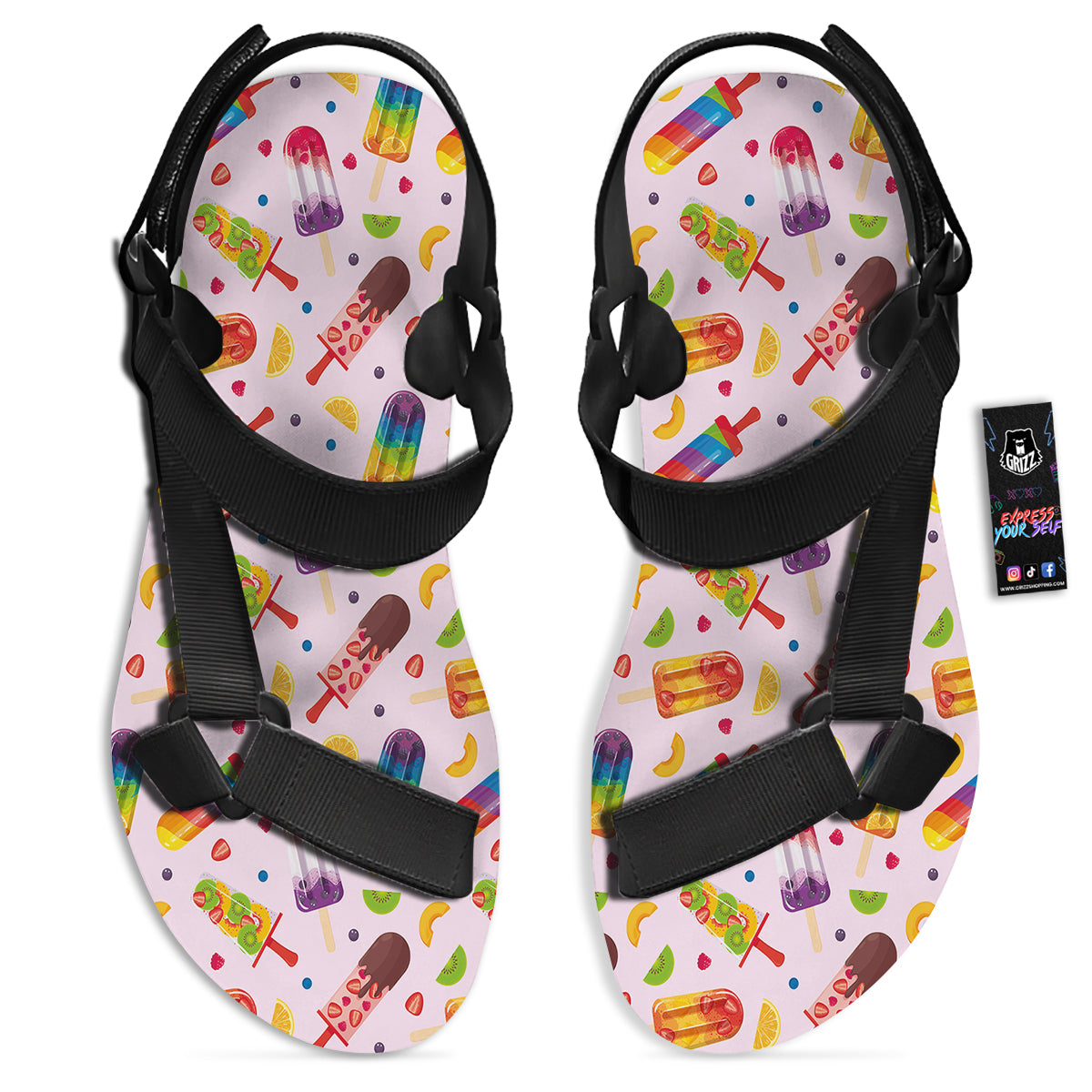 Fruity Ice Cream Print Pattern Black Open Toe Sandals-grizzshop