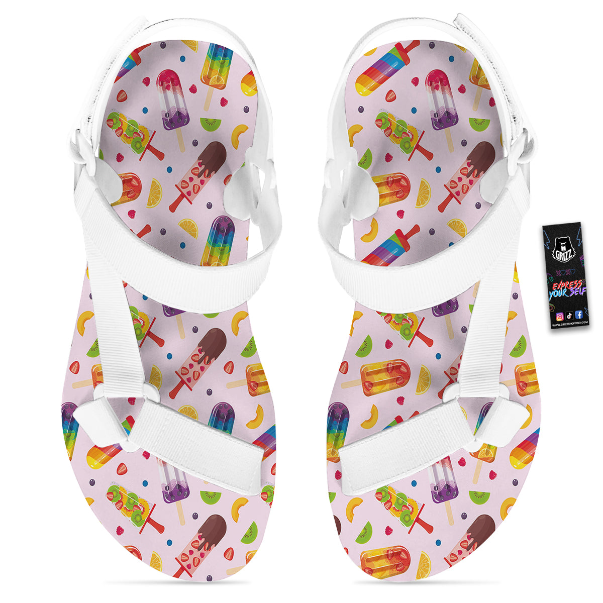 Fruity Ice Cream Print Pattern White Open Toe Sandals-grizzshop
