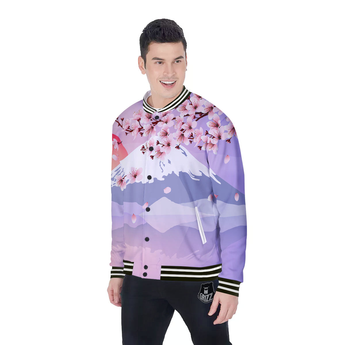 Fuji Mount And Cherry Blossom Print Baseball Jacket-grizzshop