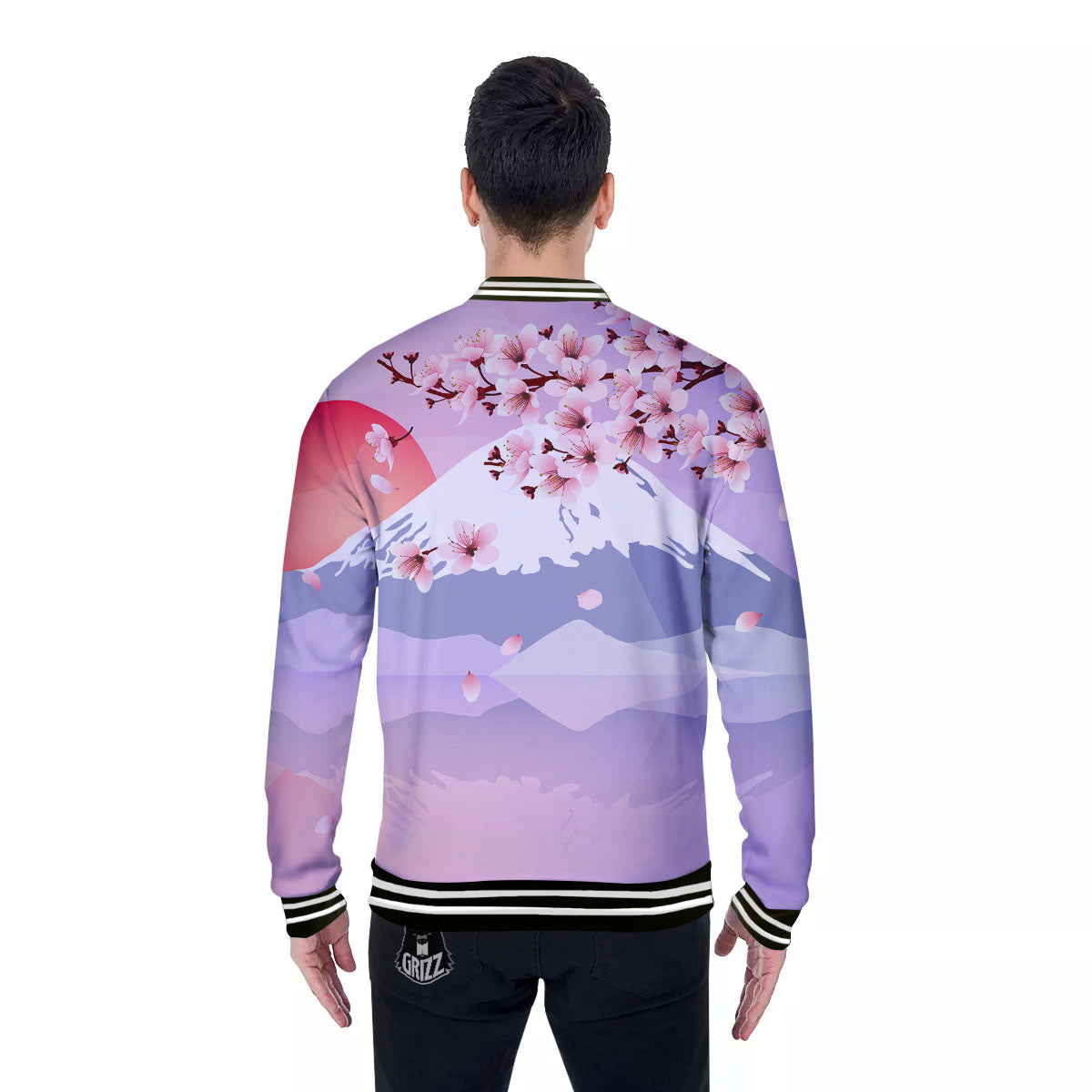 Fuji Mount And Cherry Blossom Print Baseball Jacket-grizzshop