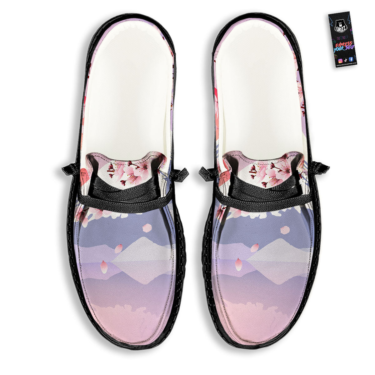 Fuji Mount And Cherry Blossom Print Black Loafers-grizzshop