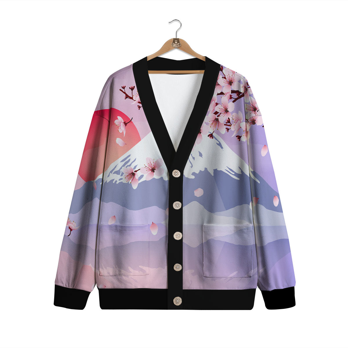 Fuji Mount And Cherry Blossom Print Cardigan-grizzshop