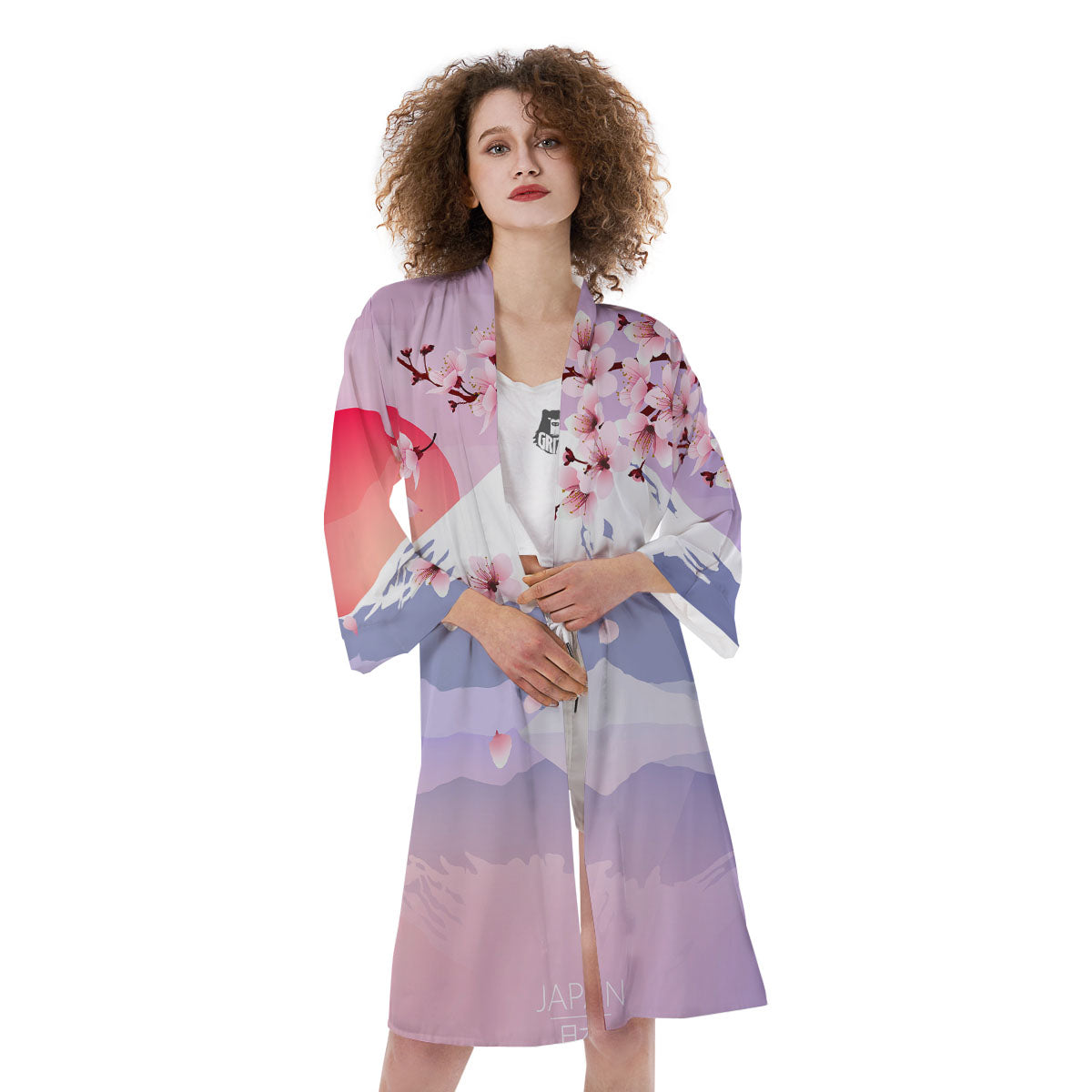Fuji Mount And Cherry Blossom Print Kimono-grizzshop
