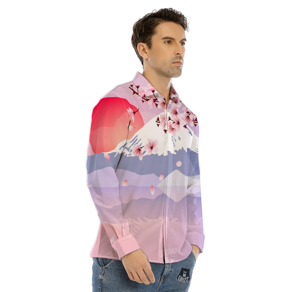 Fuji Mount And Cherry Blossom Print Men's Dress Shirts-grizzshop