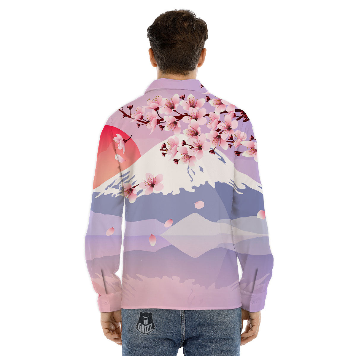 Fuji Mount And Cherry Blossom Print Men's Dress Shirts-grizzshop
