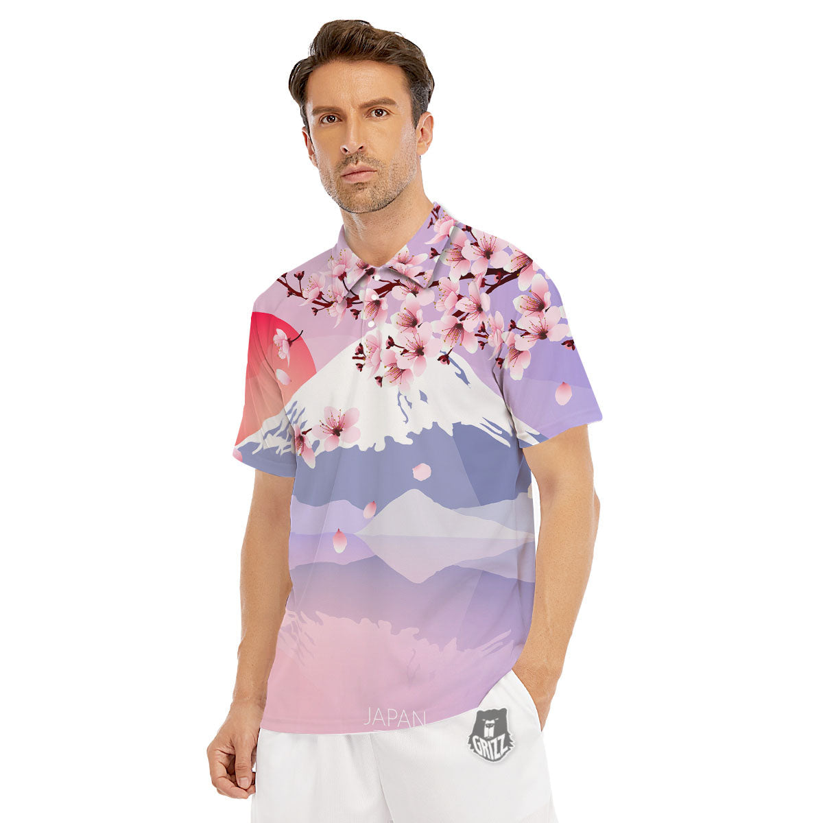 Fuji Mount And Cherry Blossom Print Men's Golf Shirts-grizzshop