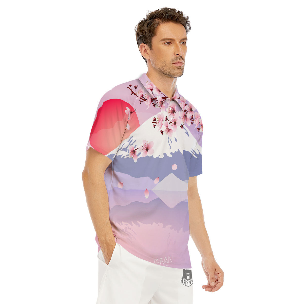 Fuji Mount And Cherry Blossom Print Men's Golf Shirts-grizzshop