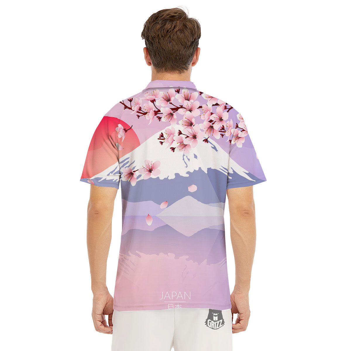 Fuji Mount And Cherry Blossom Print Men's Golf Shirts-grizzshop