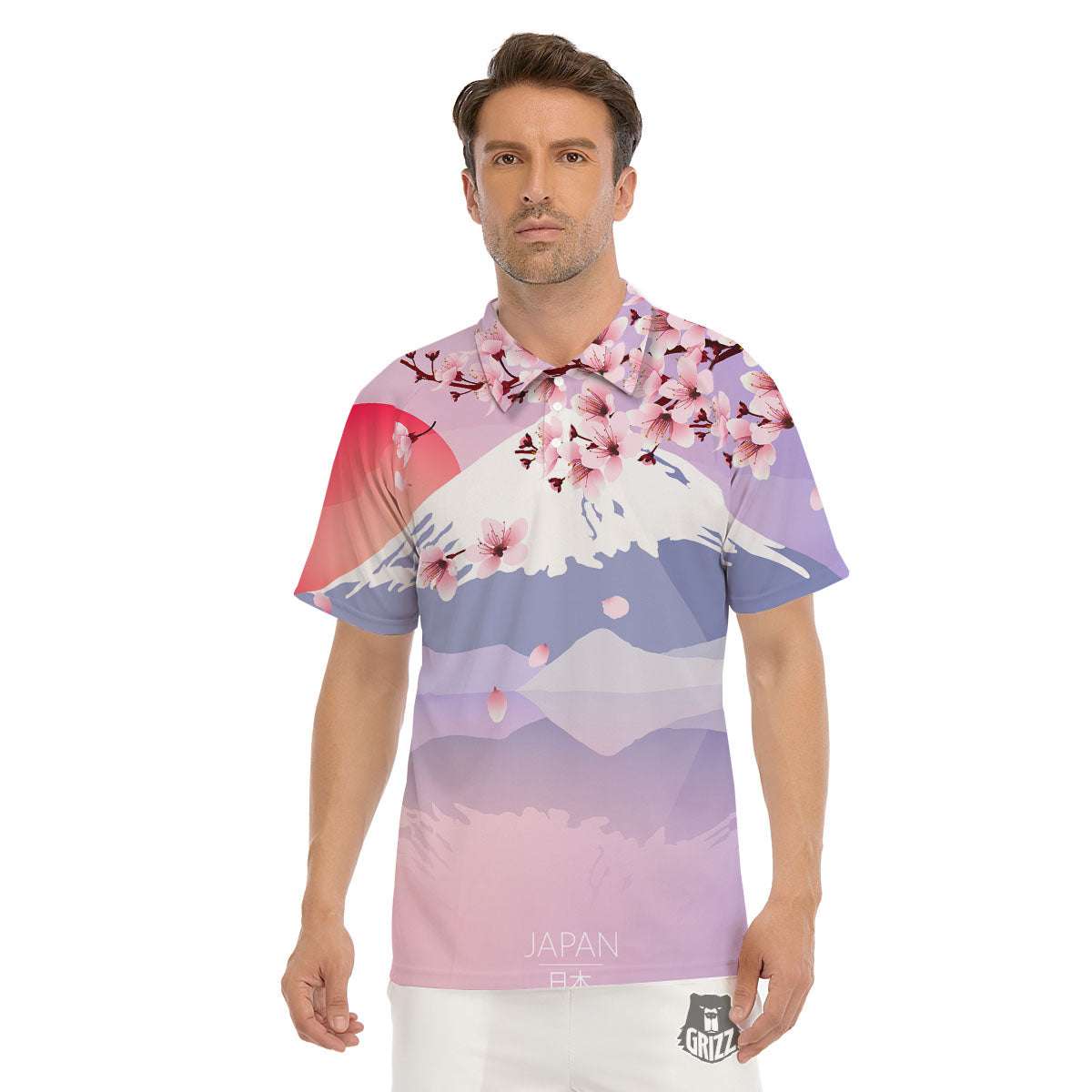 Fuji Mount And Cherry Blossom Print Men's Golf Shirts-grizzshop