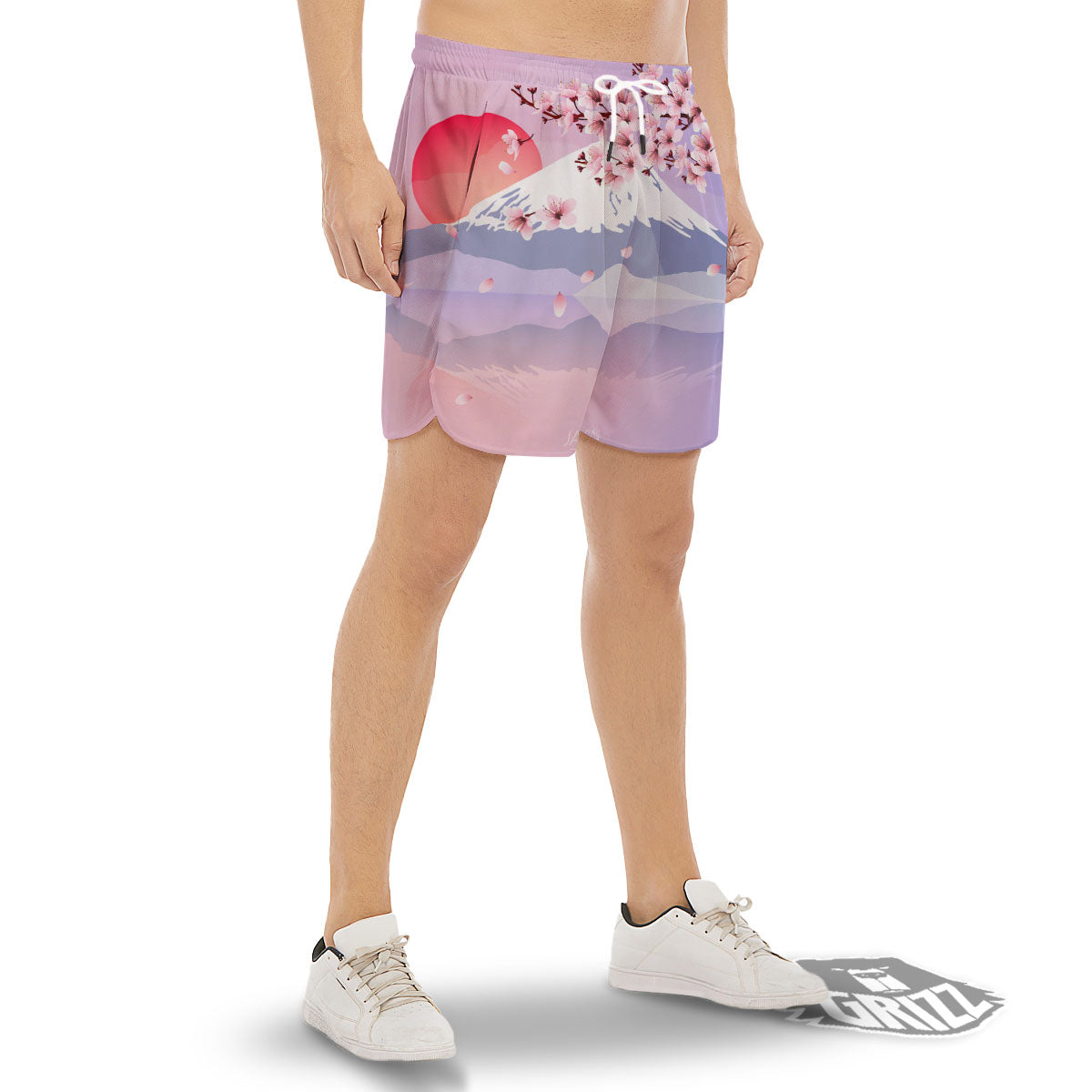 Fuji Mount And Cherry Blossom Print Men's Gym Shorts-grizzshop