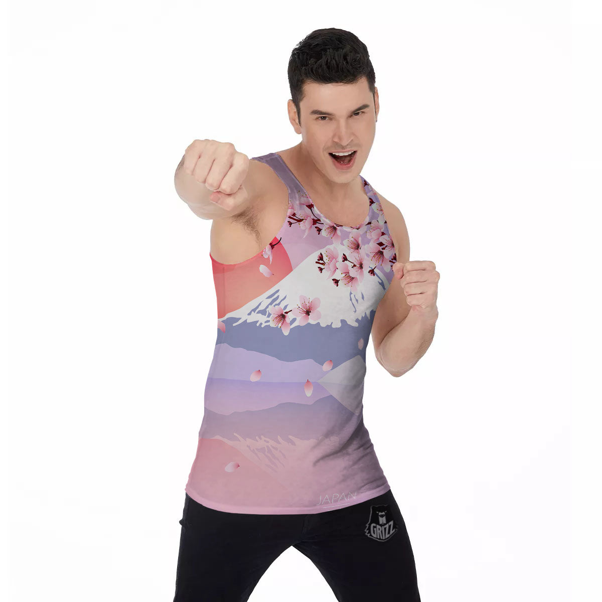 Fuji Mount And Cherry Blossom Print Men's Tank Top-grizzshop