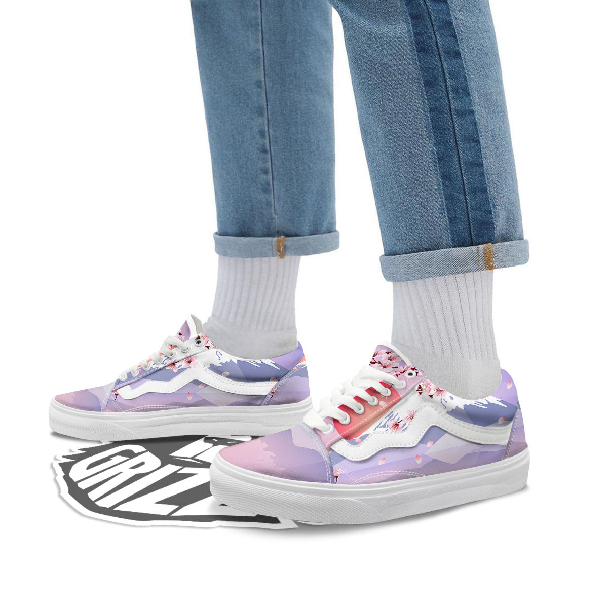 Fuji Mount And Cherry Blossom Print Skate Shoes-grizzshop