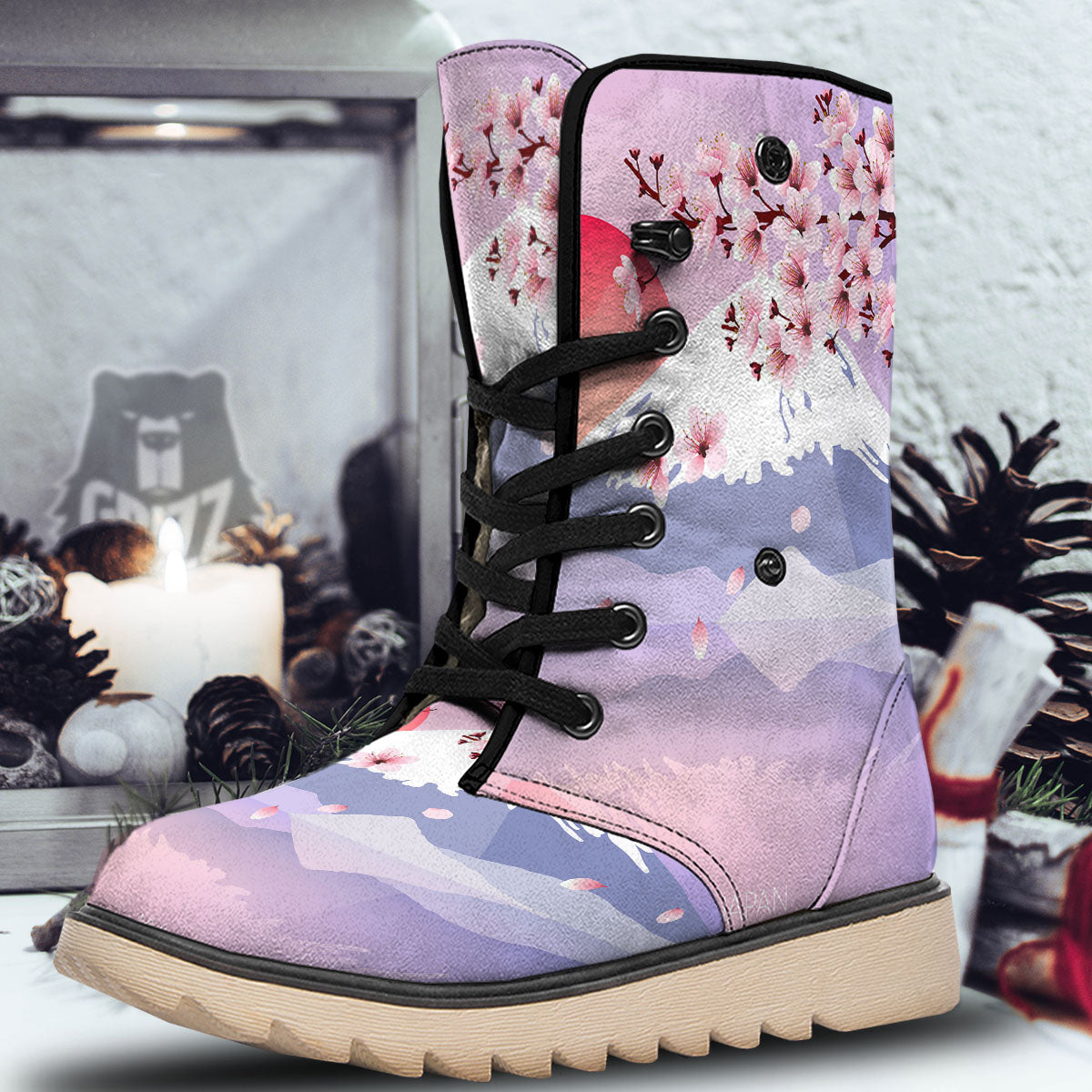 Fuji Mount And Cherry Blossom Print Snow Boots-grizzshop