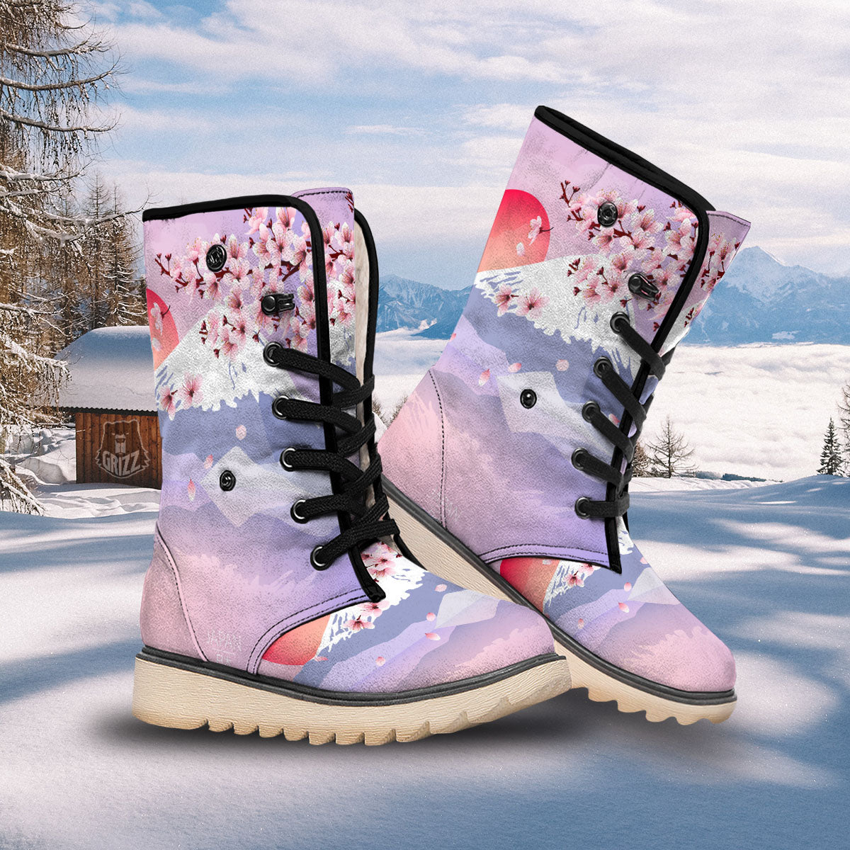 Fuji Mount And Cherry Blossom Print Snow Boots-grizzshop