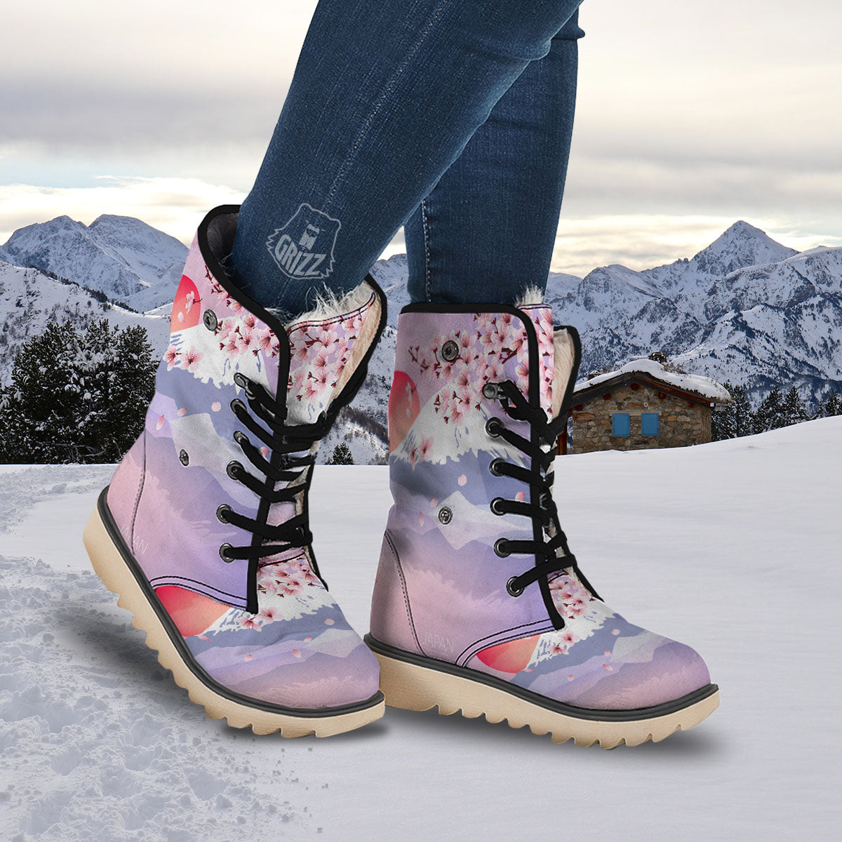Fuji Mount And Cherry Blossom Print Snow Boots-grizzshop