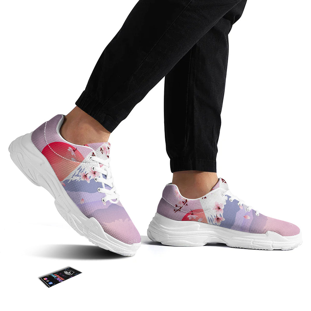Fuji Mount And Cherry Blossom Print White Chunky Shoes-grizzshop