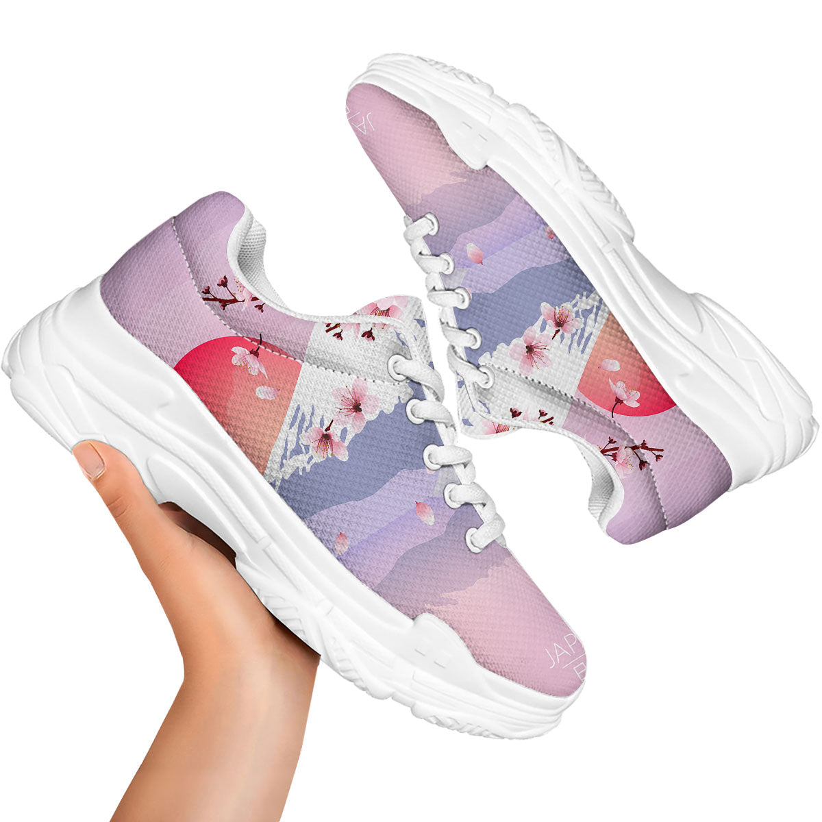 Fuji Mount And Cherry Blossom Print White Chunky Shoes-grizzshop