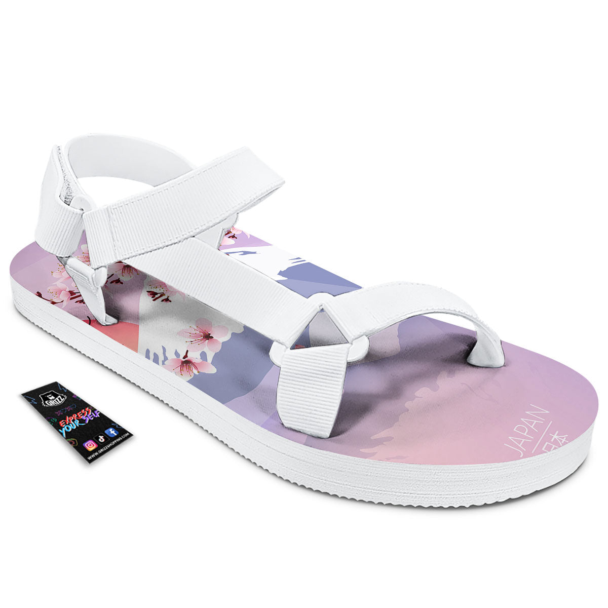 Fuji Mount And Cherry Blossom Print White Open Toe Sandals-grizzshop