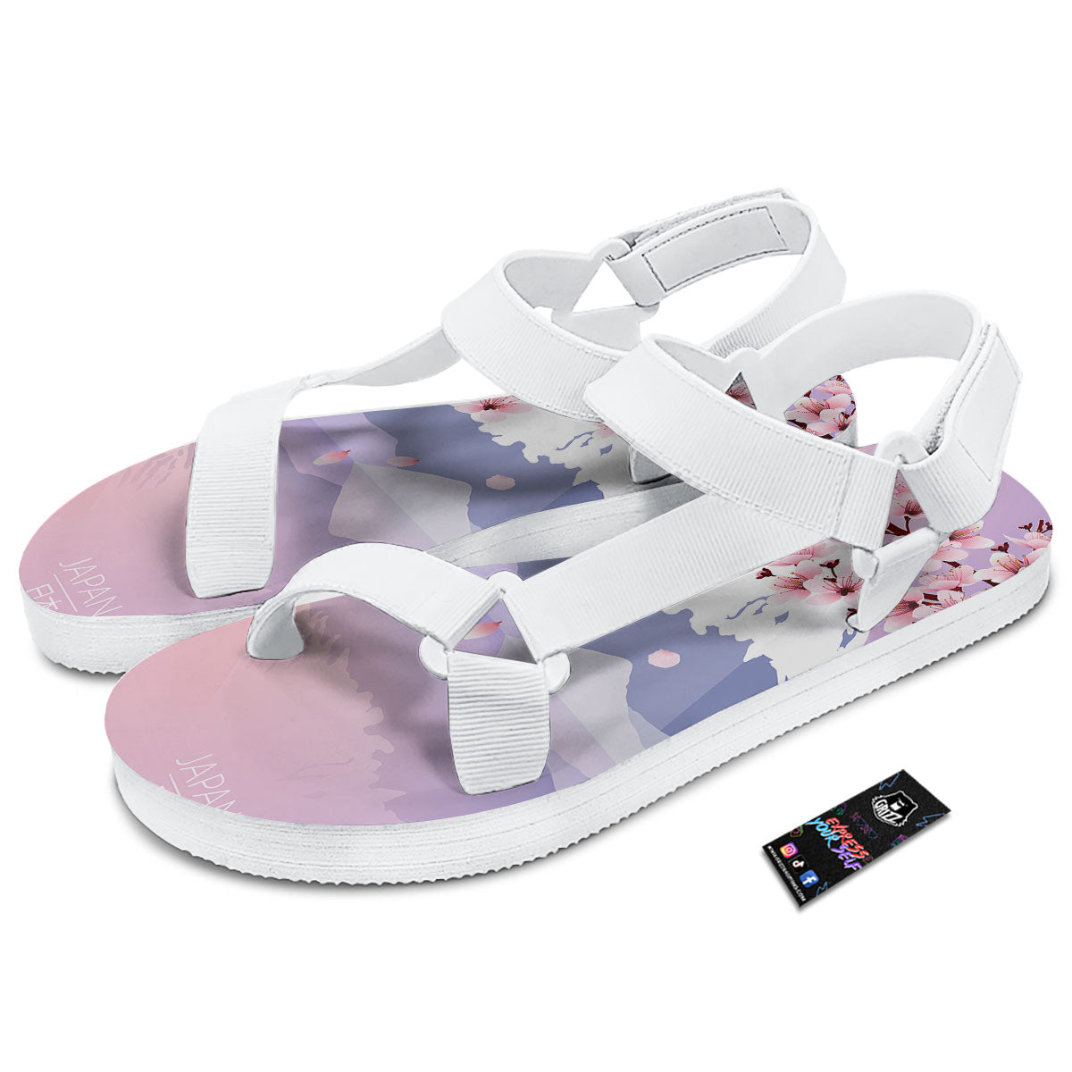 Fuji Mount And Cherry Blossom Print White Open Toe Sandals-grizzshop
