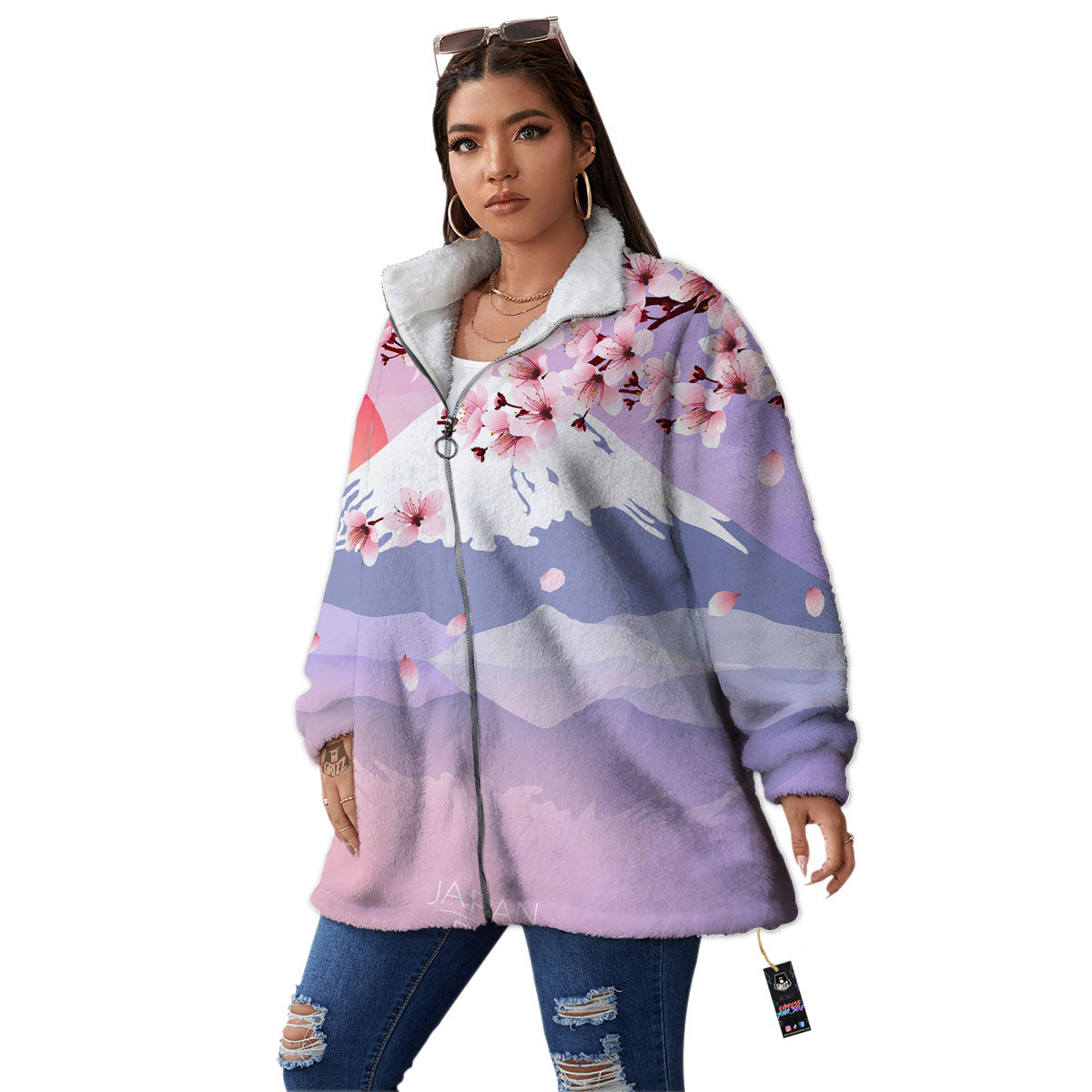 Fuji Mount And Cherry Blossom Print Women's Sherpa Jacket-grizzshop
