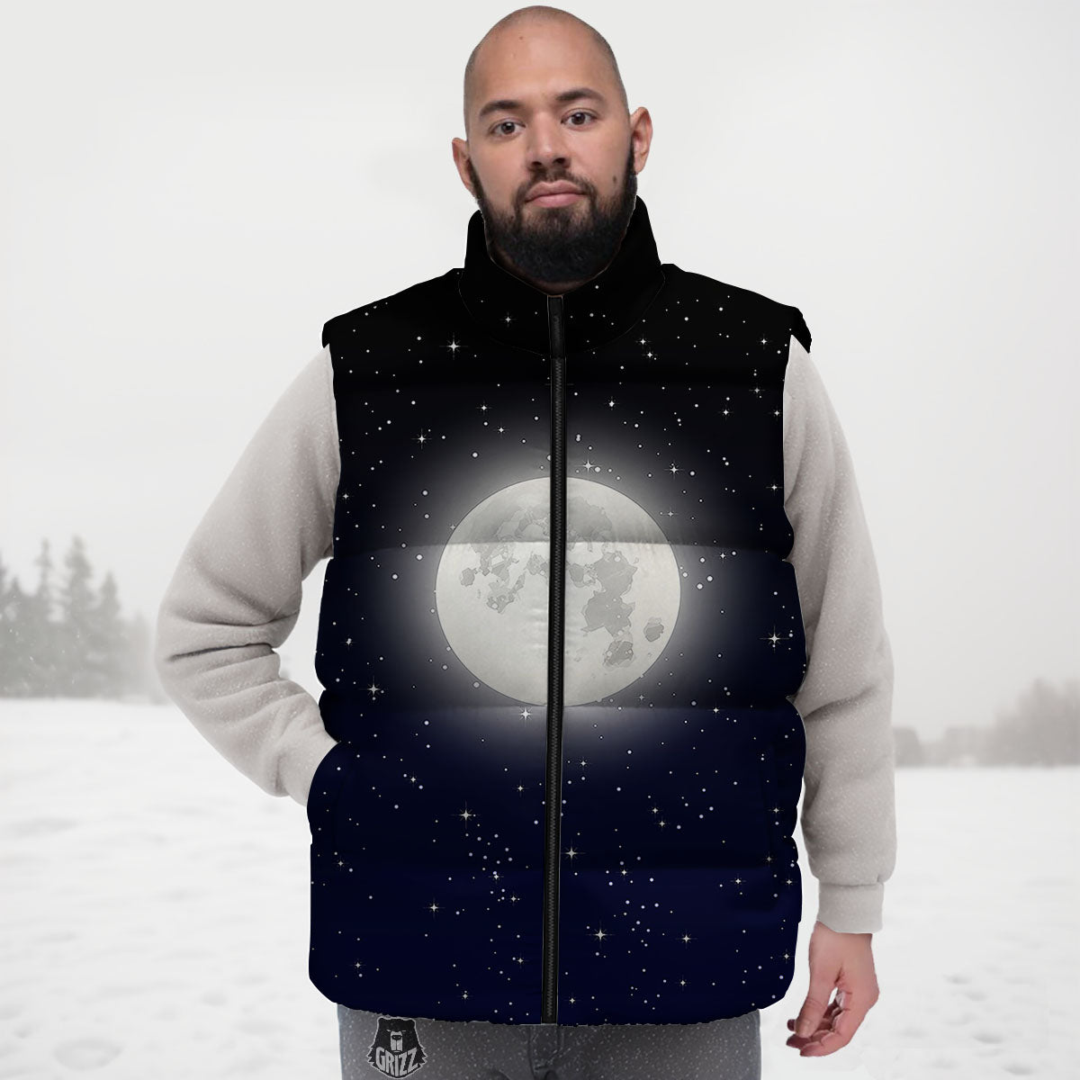 Full Moon And Night Stars Print Down Vest
