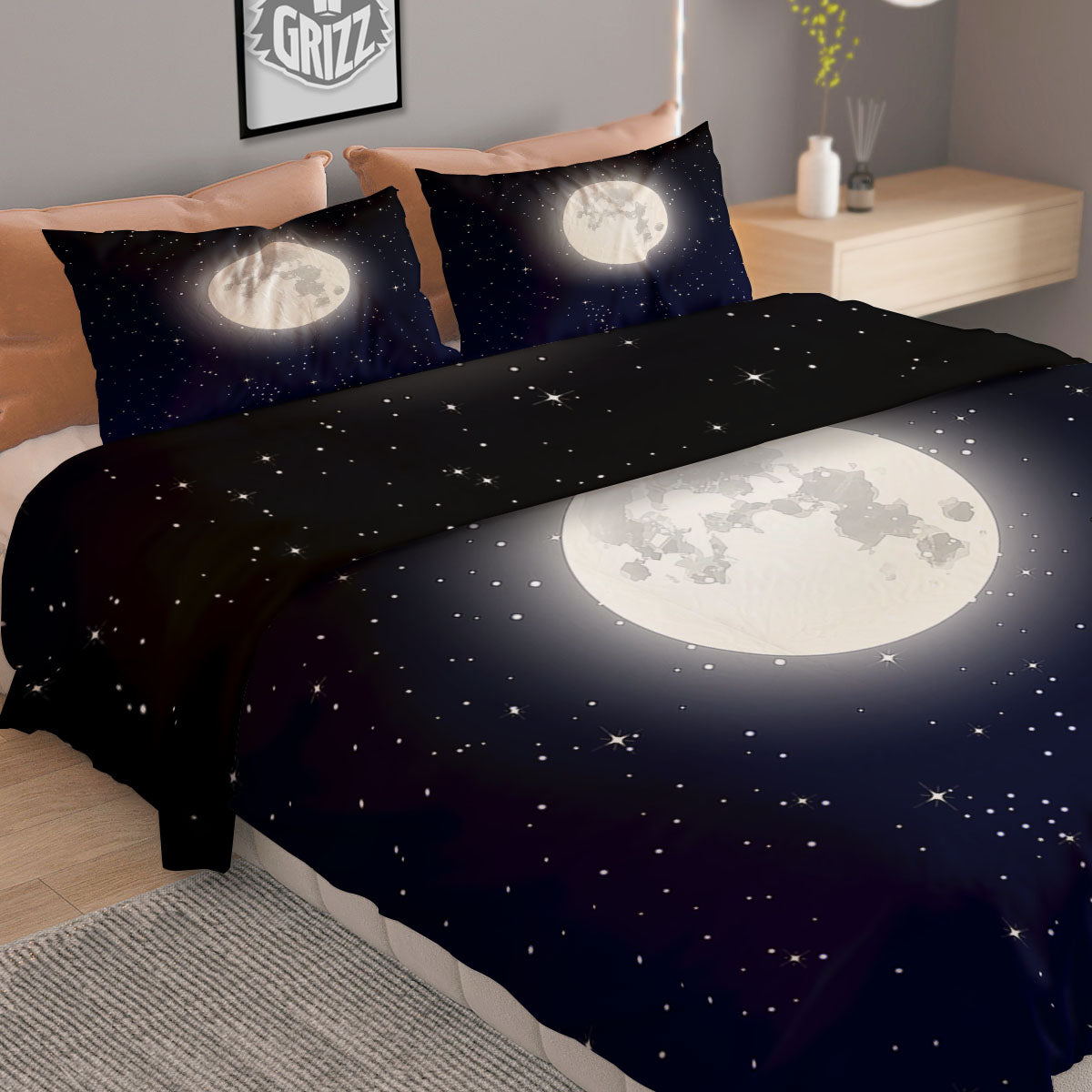 Full Moon And Night Stars Print Duvet Cover Bedding Set