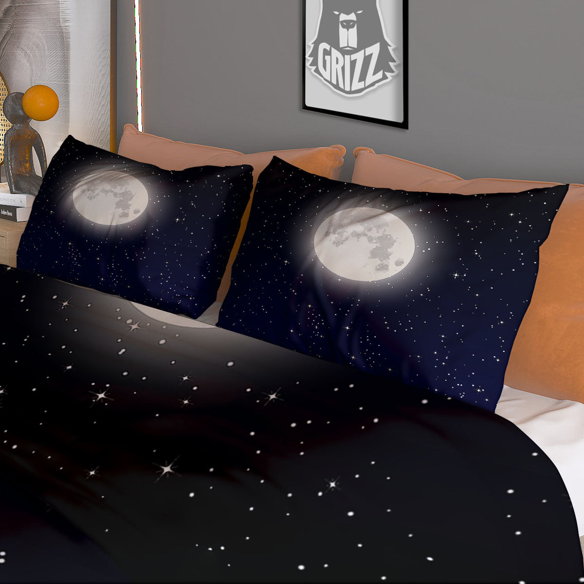 Full Moon And Night Stars Print Duvet Cover Bedding Set