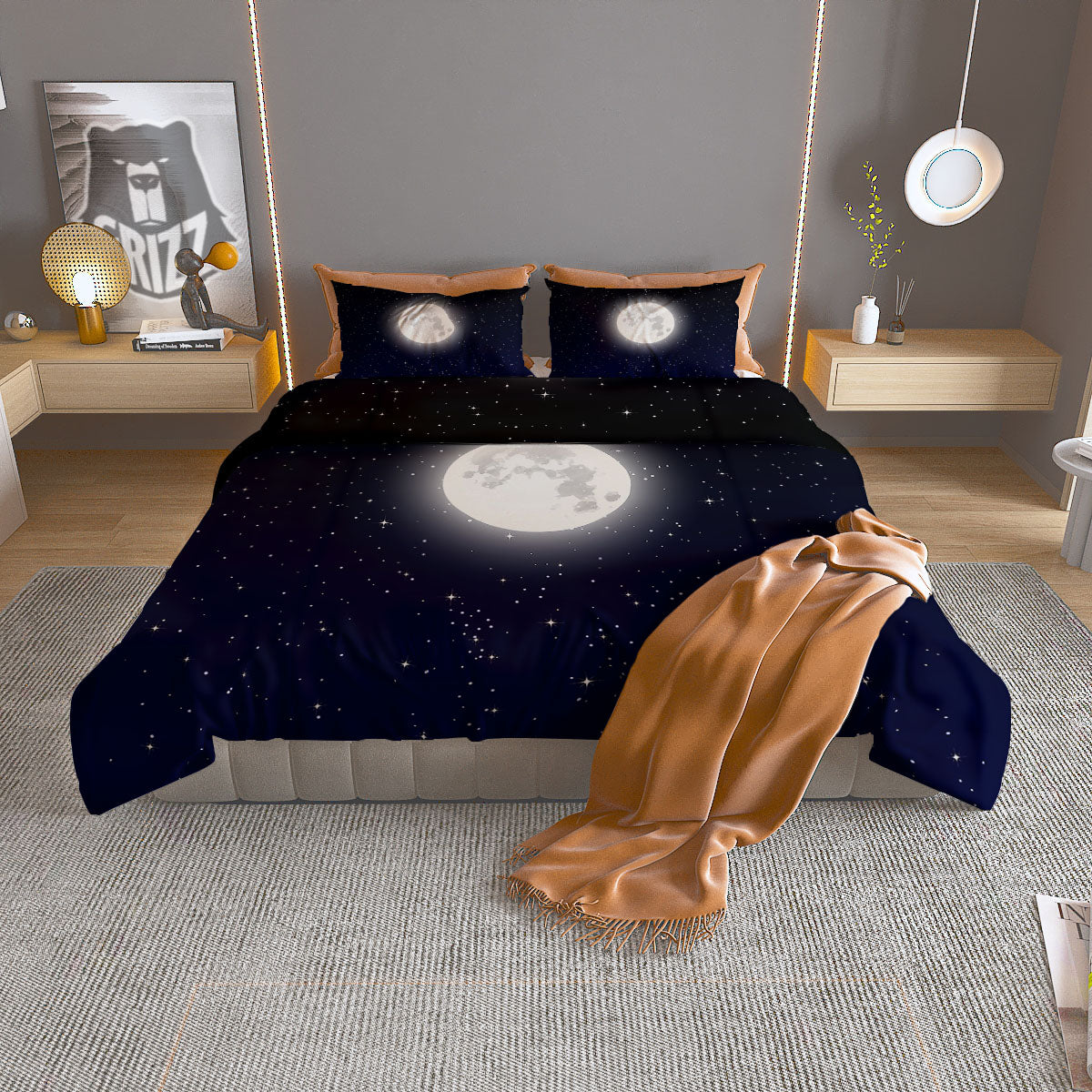 Full Moon And Night Stars Print Duvet Cover Bedding Set