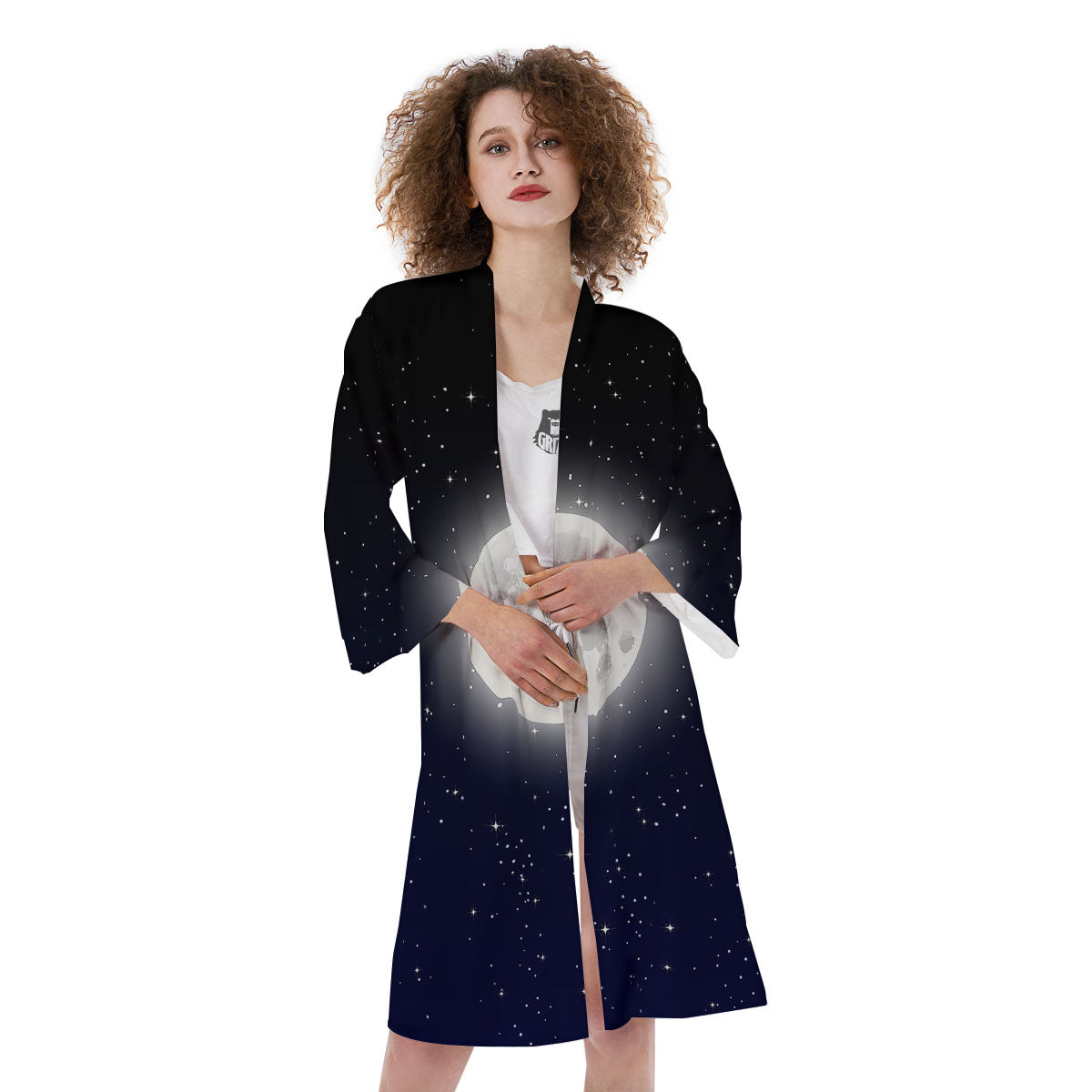 Full Moon And Night Stars Print Kimono-grizzshop