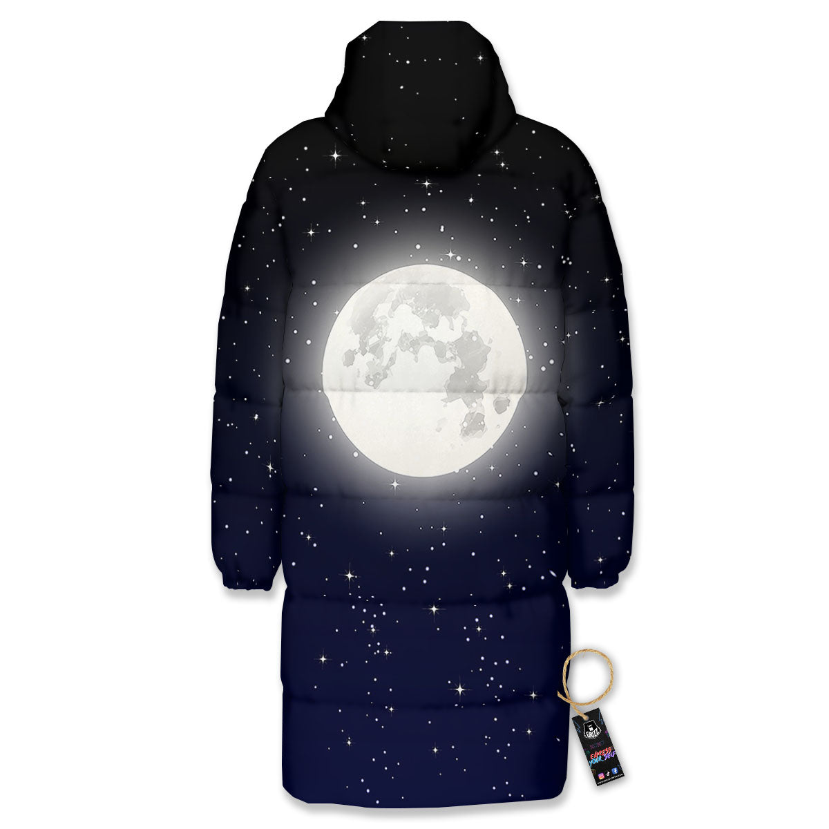Full Moon And Night Stars Print Long Down Jacket-grizzshop