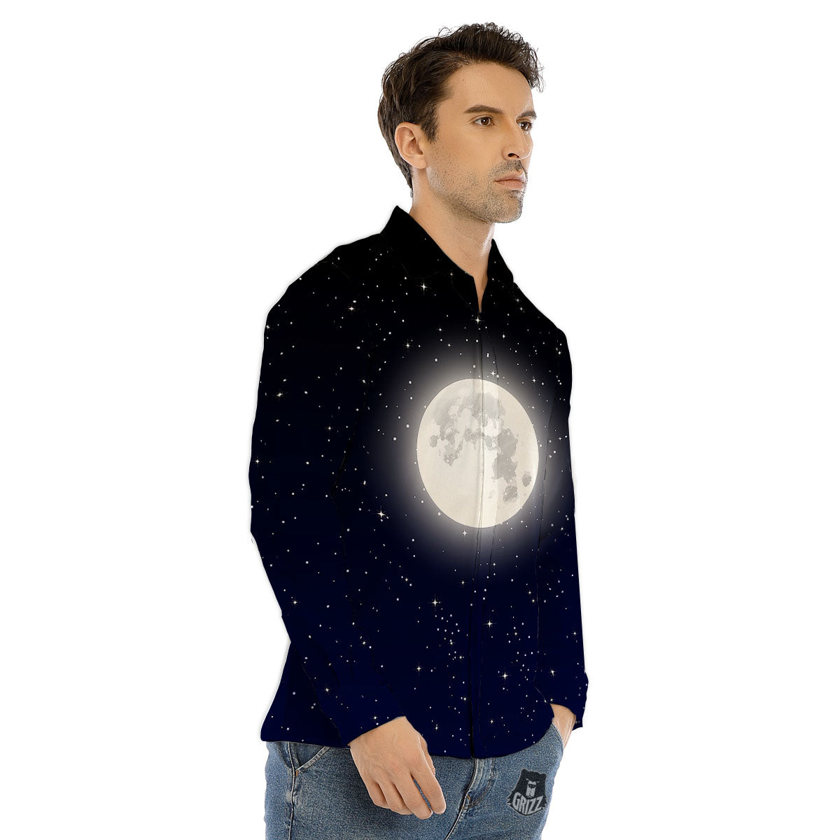 Full Moon And Night Stars Print Men's Dress Shirts-grizzshop