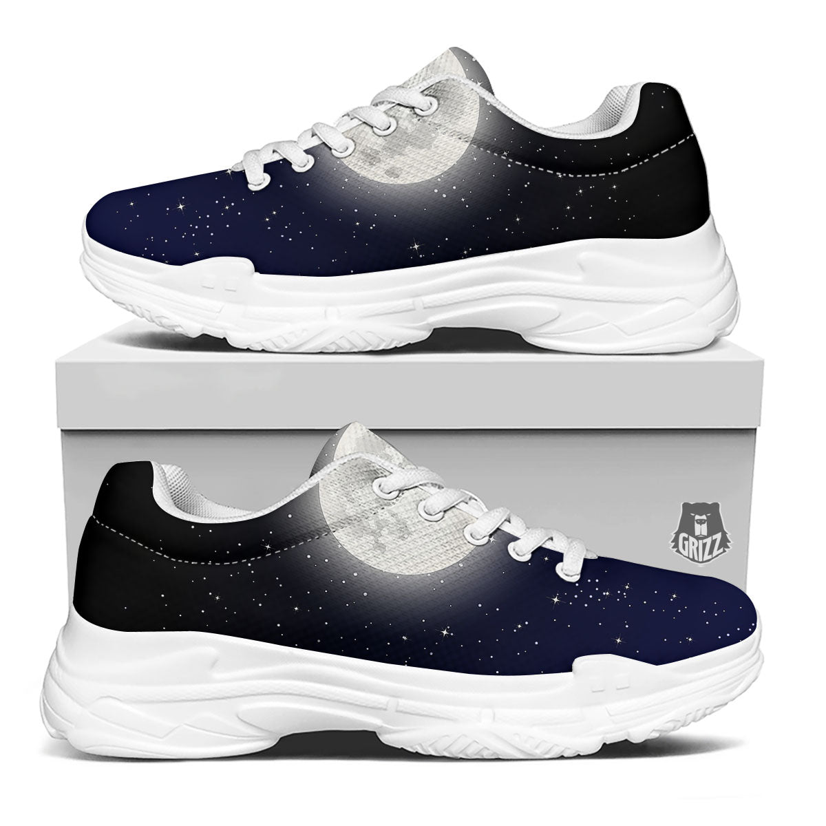 Full Moon And Night Stars Print White Chunky Shoes-grizzshop