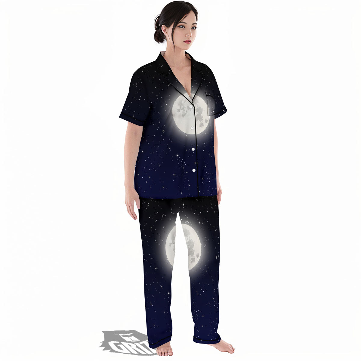 Full Moon And Night Stars Print Women's Pajamas Set-grizzshop