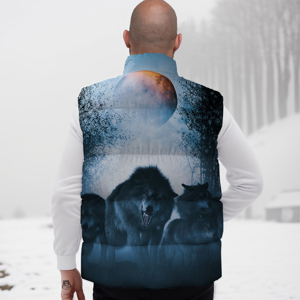 Full Moon And Wolf In The Forest Print Down Vest