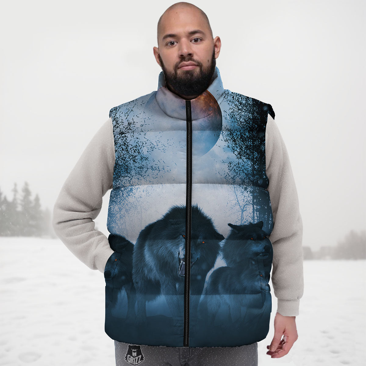 Full Moon And Wolf In The Forest Print Down Vest