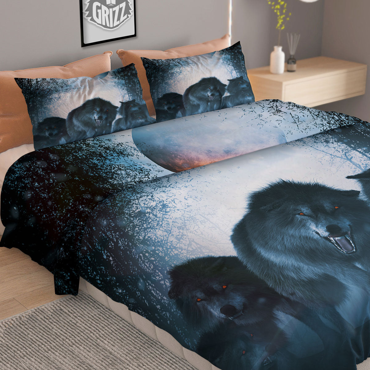 Full Moon And Wolf In The Forest Print Duvet Cover Bedding Set