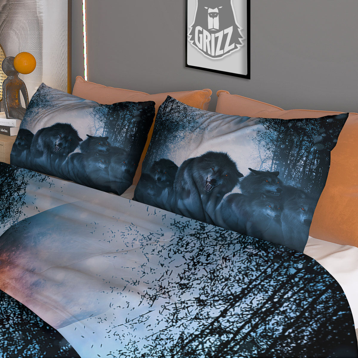 Full Moon And Wolf In The Forest Print Duvet Cover Bedding Set