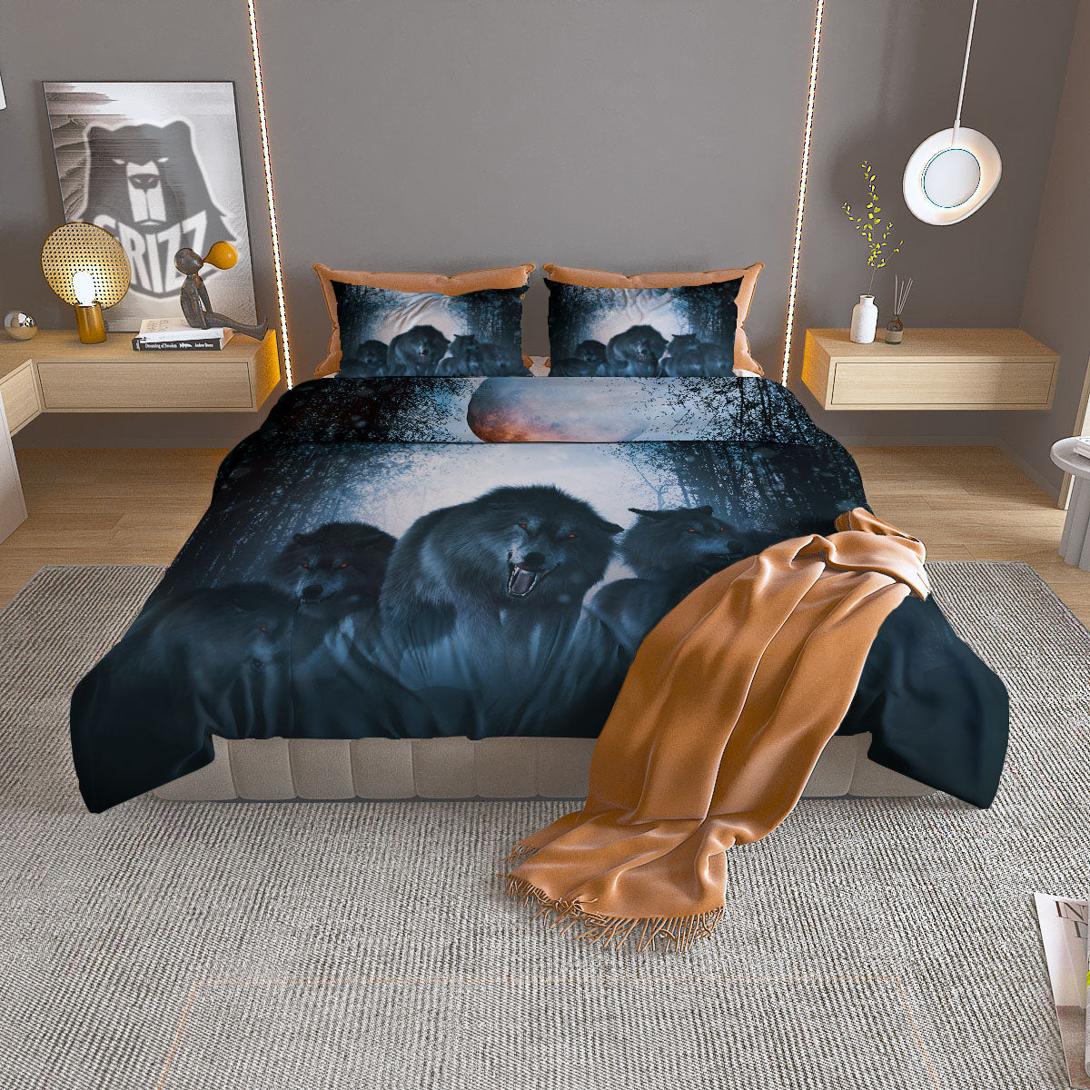 Full Moon And Wolf In The Forest Print Duvet Cover Bedding Set
