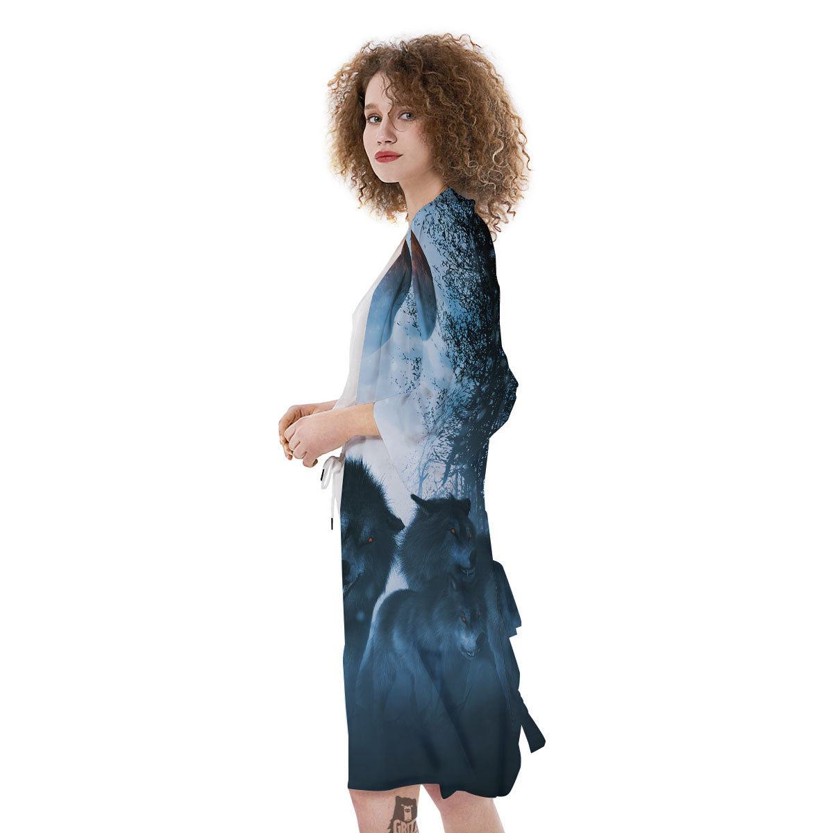 Full Moon And Wolf In The Forest Print Kimono-grizzshop