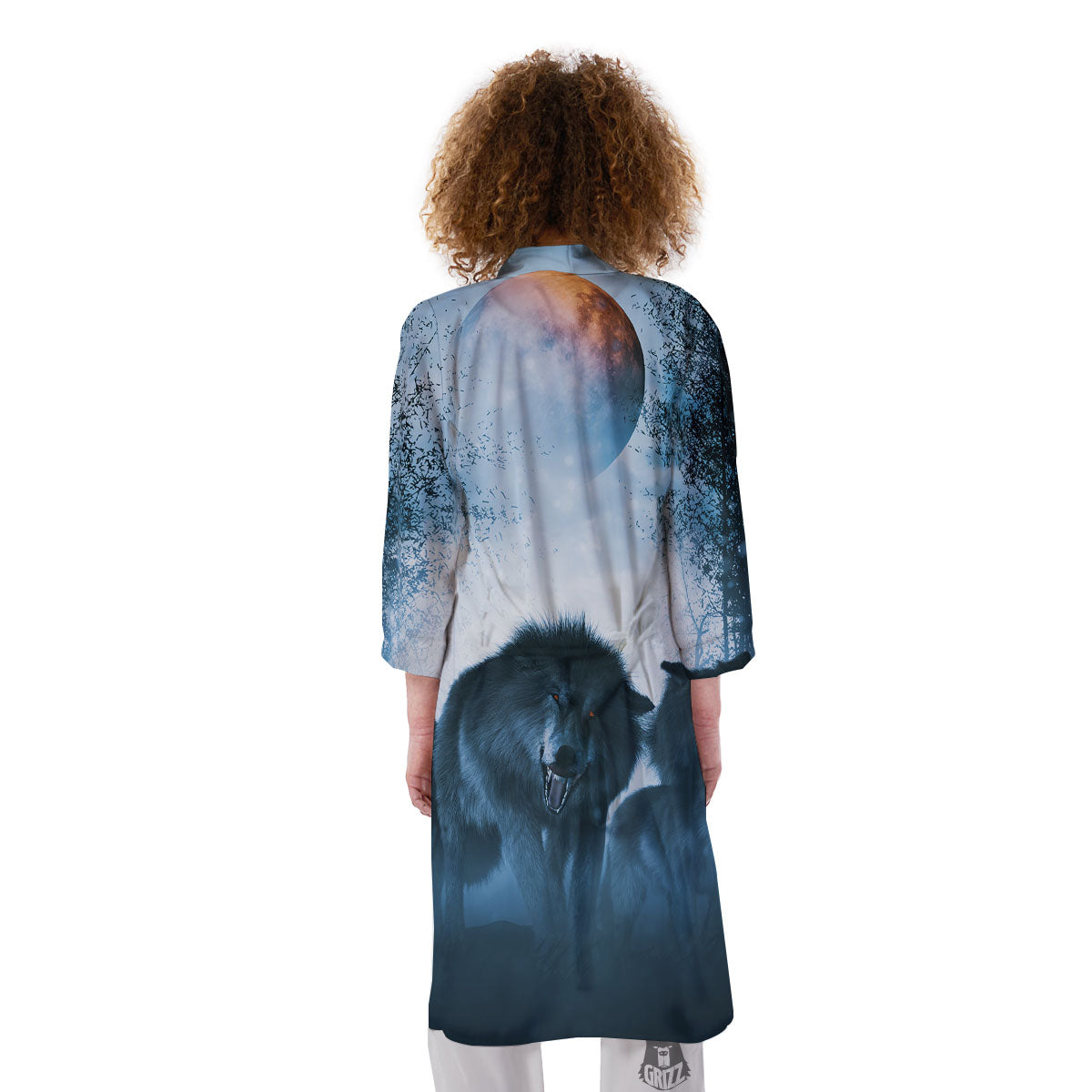 Full Moon And Wolf In The Forest Print Kimono-grizzshop