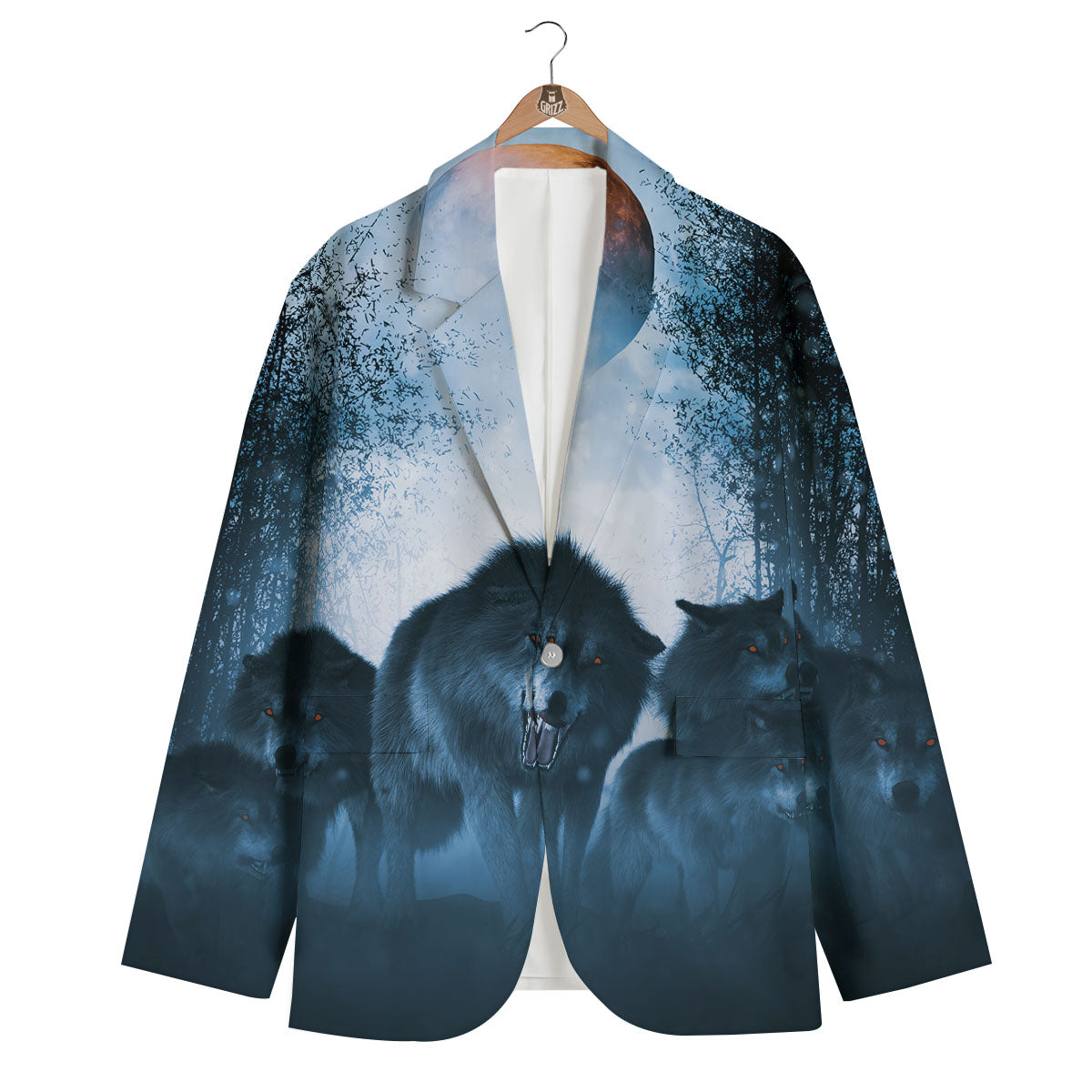 Full Moon And Wolf In The Forest Print Men's Blazer-grizzshop