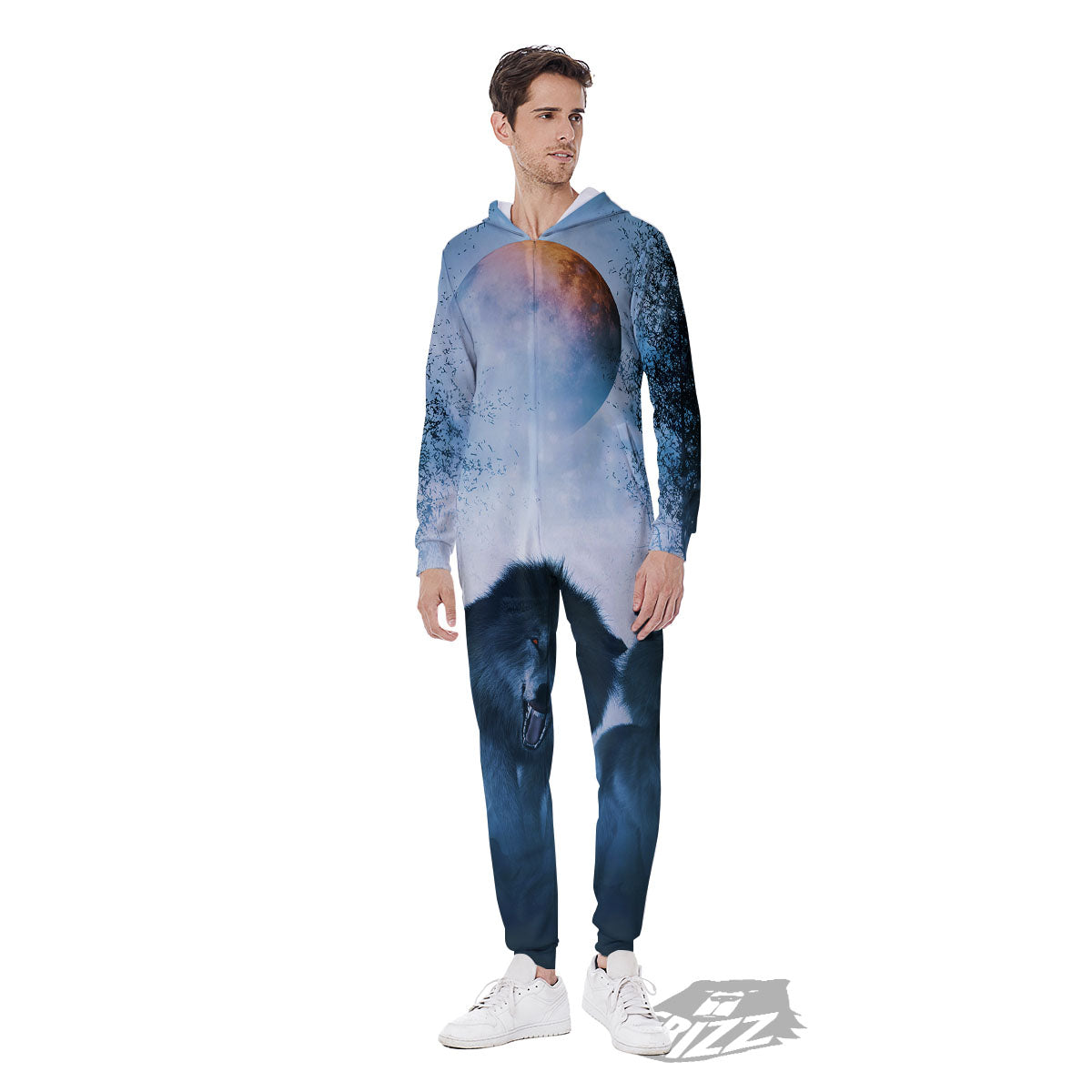 Full Moon And Wolf In The Forest Print Men's Jumpsuit-grizzshop