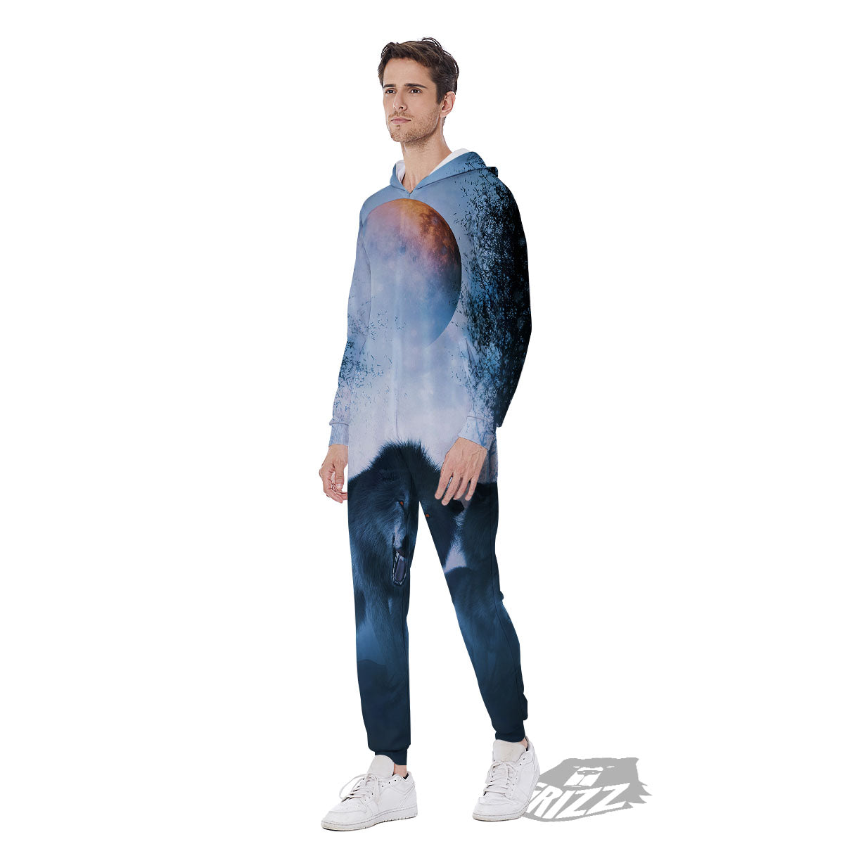 Full Moon And Wolf In The Forest Print Men's Jumpsuit-grizzshop