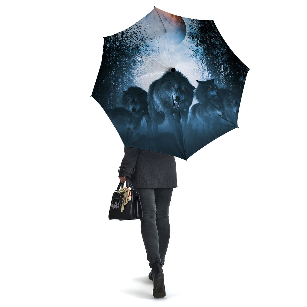 Full Moon And Wolf In The Forest Print Umbrella-grizzshop