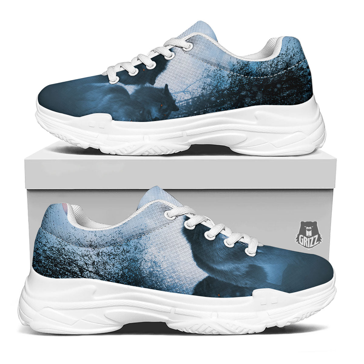 Full Moon And Wolf In The Forest Print White Chunky Shoes-grizzshop