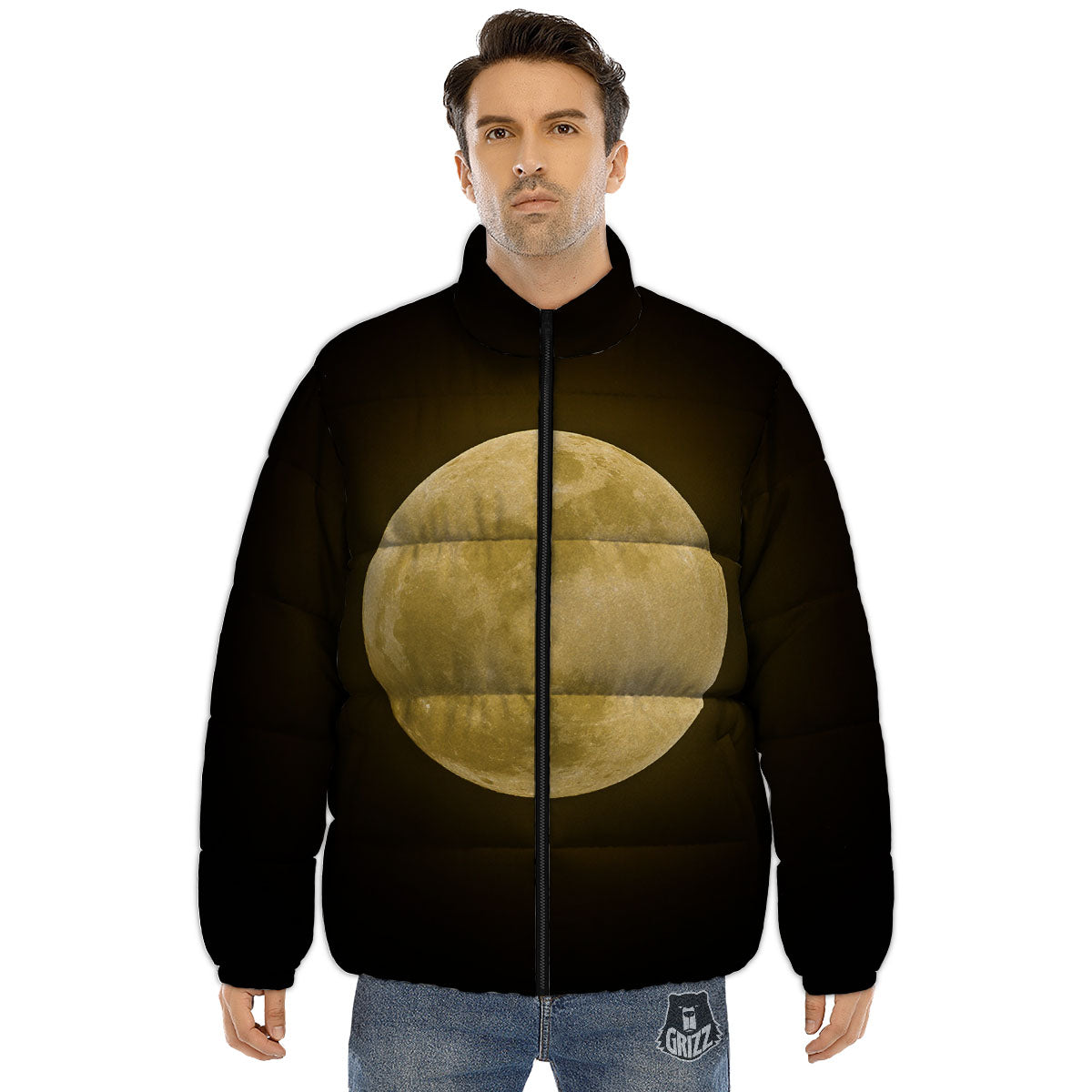 Full Moon Night Sky Print Puffer Jacket-grizzshop