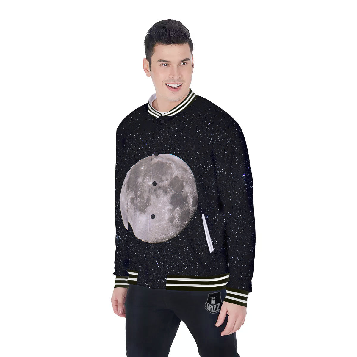 Full Moon Print Baseball Jacket-grizzshop