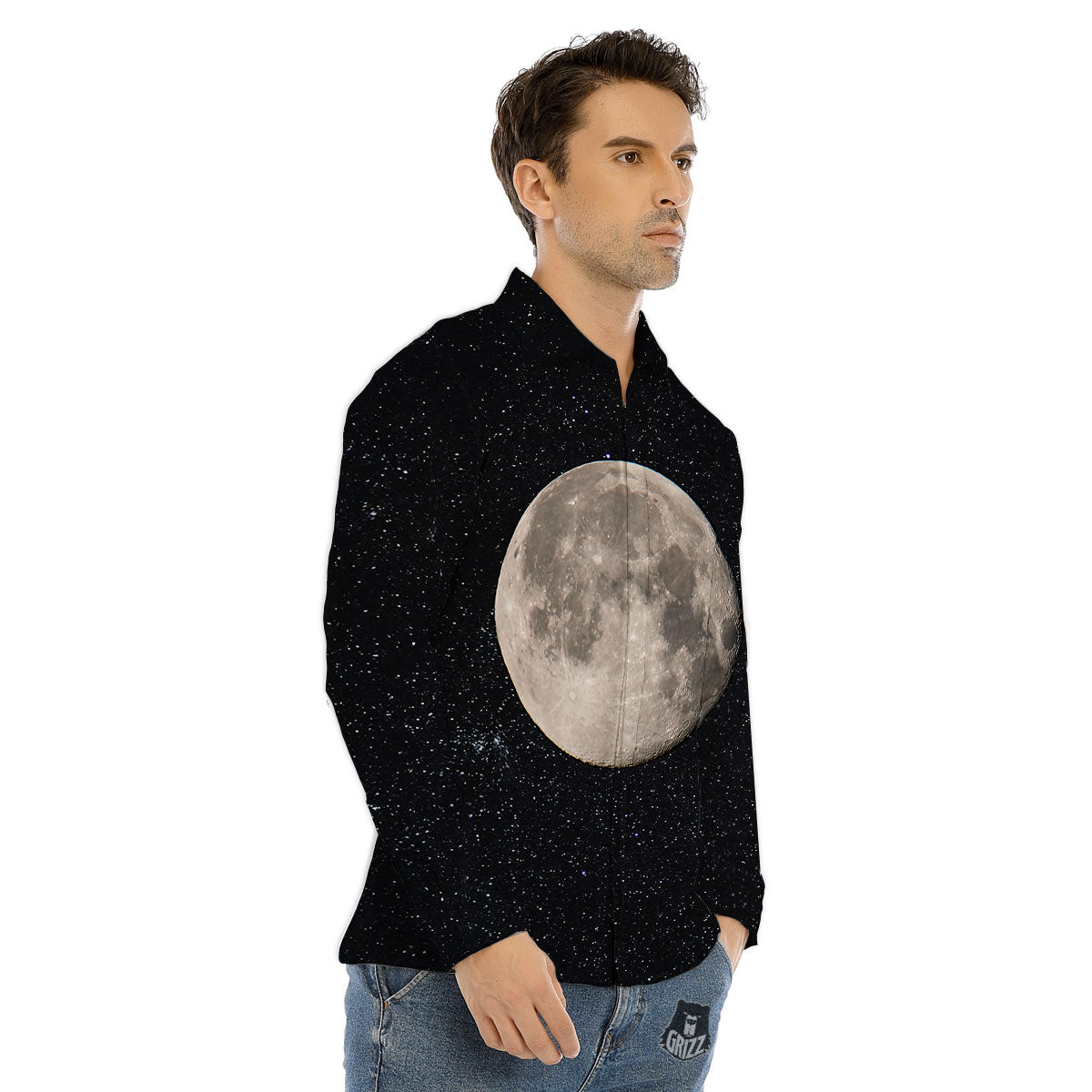 Full Moon Print Men's Dress Shirts-grizzshop