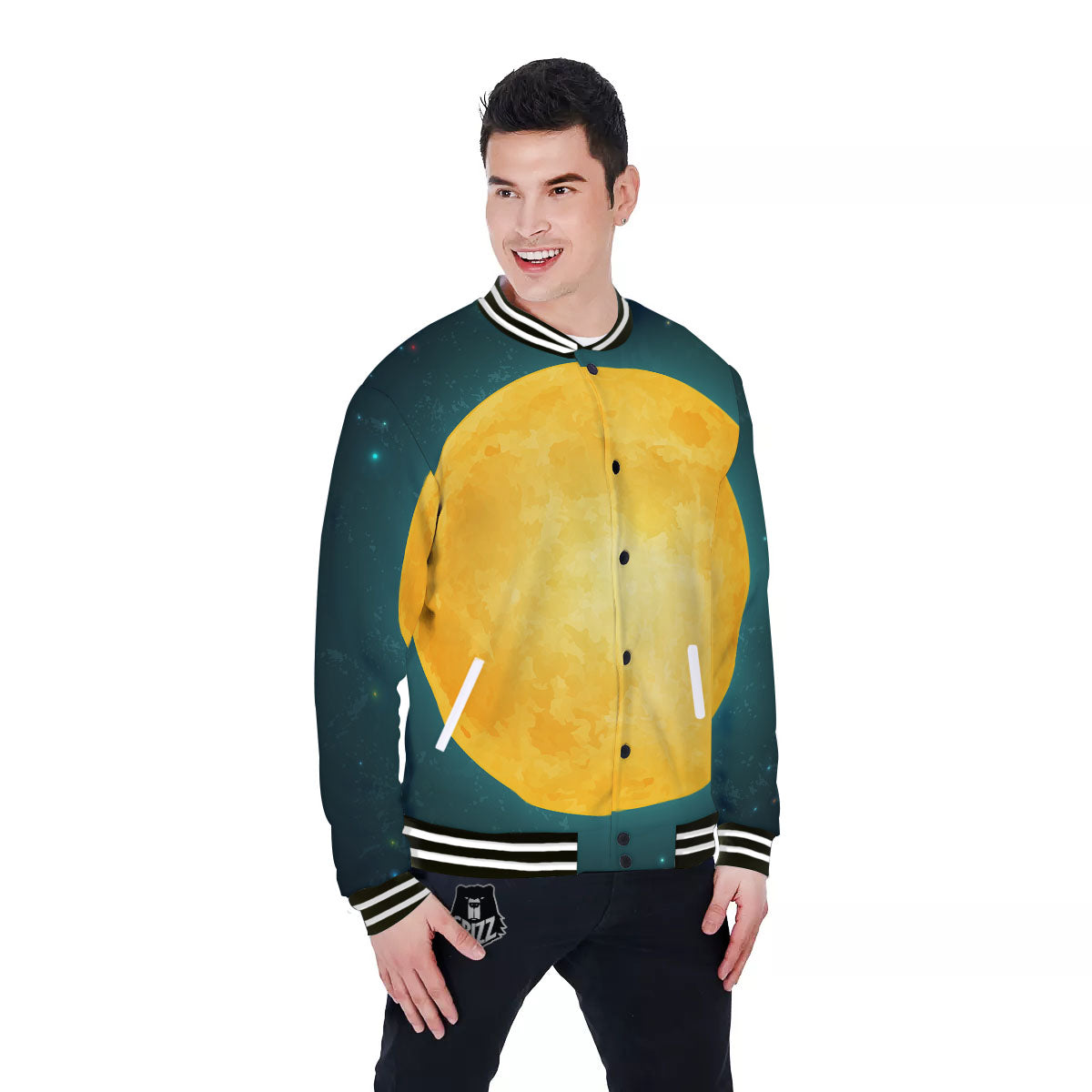 Full Moon Yellow Print Baseball Jacket-grizzshop